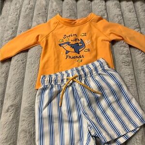 Old Navy Orange Shark Rashguard with Striped Shorts